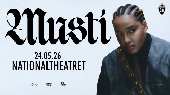 Portrett av kvinne med tekst om Mustis konsert på Nationaltheatret