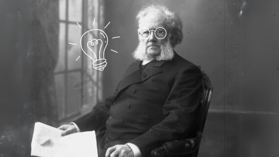 Ibsen med påtegnede briller og lyspære