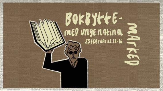 Illustrasjon av mann som holder en bok, med teksten "Bokbyttemarked med Unge National 23. februar kl. 12-16"