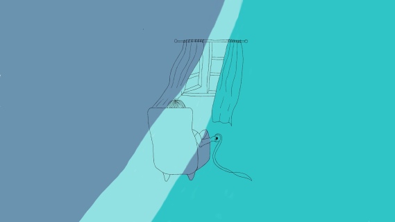 Digital illustrasjon i blågrønne nyanser av en person i stol med ryggen til som ser ut av et åpent vindu med gardiner. Personen holder i en strømkabel som ligger utover gulvet. En lys stripe deler bildet diagonalt.