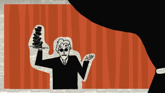 Illustrasjon av mann som serverer med et sceneteppe i kanten og rød bakgrunn