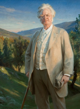 Foto av maleri av en eldre Bjørnstjerne Bjørnson, med norsk natur i bakgrunnen