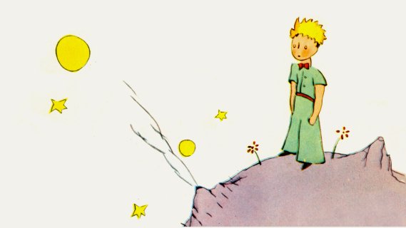 Tegning av en person med gult hår og grønn dress som står på en planet. Bak ham ser vi stjerner og planeter