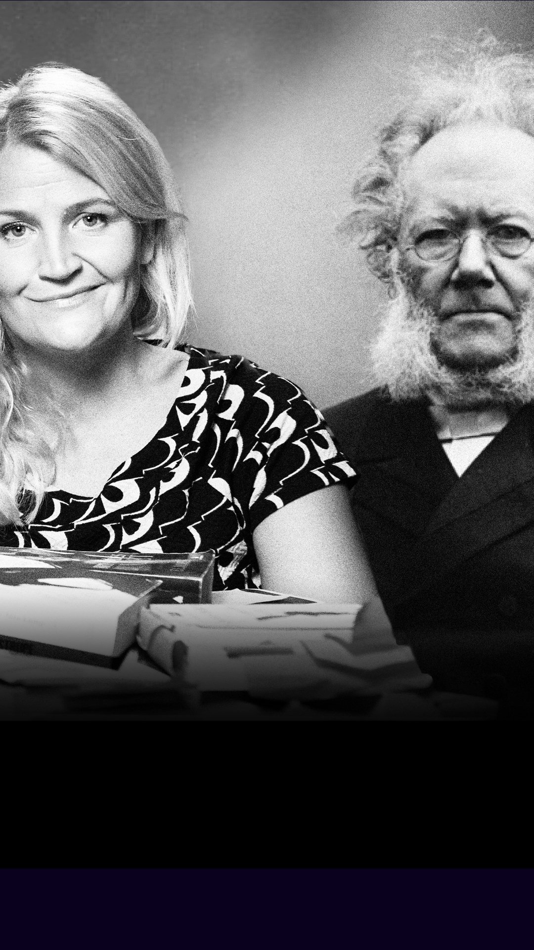 Portrett av Ibsen og Liv Guldbrandsen satt ved siden av hverandre i svart-hvitt
