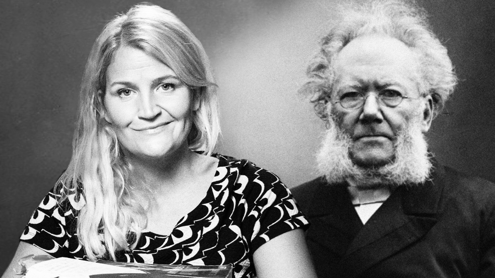 Portrett av Ibsen og Liv Guldbrandsen satt ved siden av hverandre i svart-hvitt