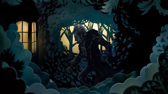 Mystisk skikkelse i mørk skog iført diger pelskrage som snur seg mot kamera og ser sint ut