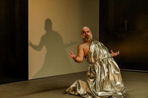 Mann i sølvkjole sitter på kve med hendene ut