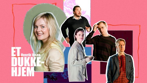 Collage med fem personer på rosa bakgrunn og fargerike elementer