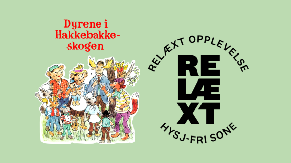Tegning av Dyrene i Hakkebakkeskogen med logoen til Dyrene i Hakkebakkeskogen og Relæxt