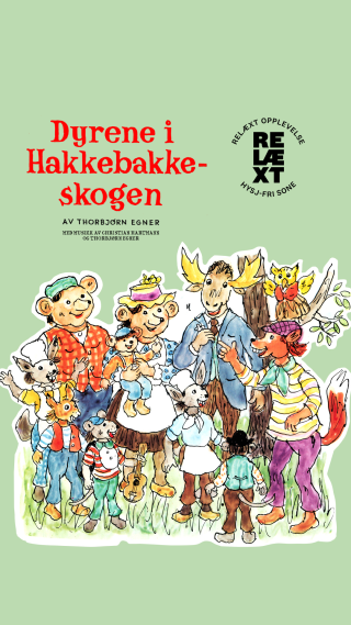 Tegning av Dyrene i Hakkebakkeskogen med logoen til Dyrene i Hakkebakkeskogen og Relæxt