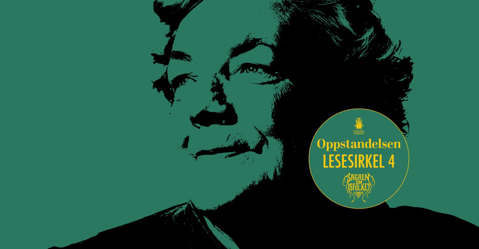 Bilde av omrisset av forfatter Margit Sandemo over gul bakgrunn. Tekst i bildet: Lesesirkel 4, Oppstandelsen