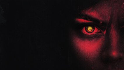 Mørkt nærbilde av høyre side av fjeset til en person med et gult øye