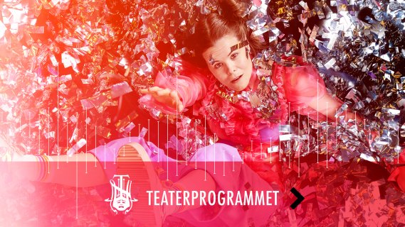 Jente faller ned i glitter med logoen til "Teaterprogrammet" på